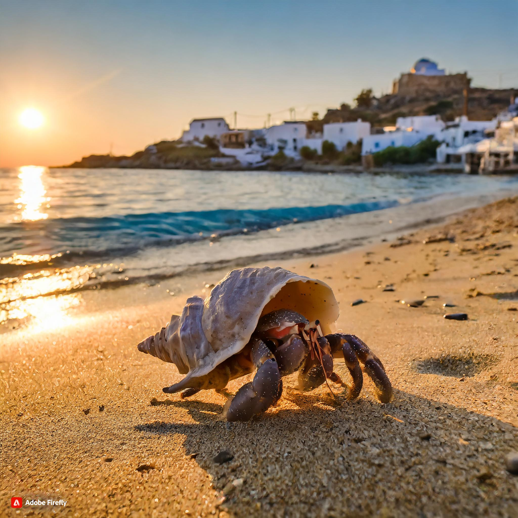  Firefly The beaches of greece photorealtic sun setting in the horizon a hermit crab on the sand, sho.jpg